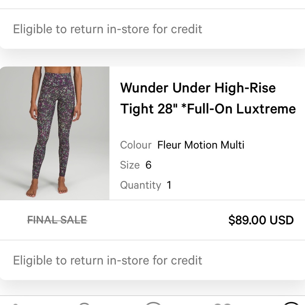 Lululemon Wunder under high rise 28” leggings size 6